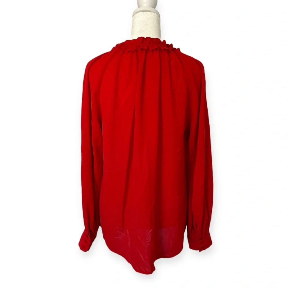 NWOT Doe & Rae Long Sleeve Red V-Neck Blouse with Ruffles and Neck Tie - Picture 3 of 5